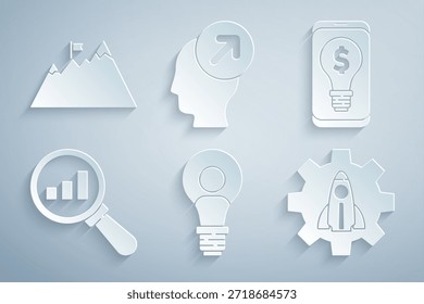Set Head with lamp bulb, Light dollar on mobile, Magnifying glass and analysis, Startup project concept, hunting and Mountains flag icon. Vector