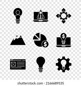Set Head with lamp bulb, Startup project concept, Project team base, Browser window, Light of idea, and gear, Mountains flag and Pie chart dollar icon. Vector