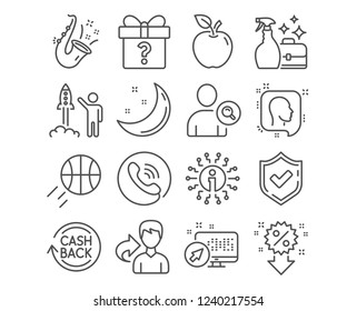 Set of Head, Launch project and Cleanser spray icons. Find user, Discount and Secret gift signs. Cashback, Jazz and Basketball symbols. Profile messages, Business innovation, Washing liquid. Vector