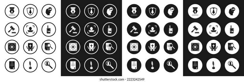 Set Head with law, Face recognition, Judge gavel, Fountain pen nib, Walkie talkie, Tie, Document search and Safe icon. Vector