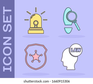 Setzen Sie Kopf mit Recht, Flasher Sirene, Polizei-Abzeichen und Magnifying Glas mit Fußstapfen Symbol. Vektorillustration
