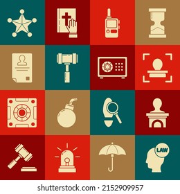 Setzen Sie Kopf mit Gesetz, Stage Stand oder Debatte Podium rostrum, Gesichtserkennung, Walkie Talkie, Richter-Avel, Identification-Button, Hexagram Sheriff und Safe-Icon. Vektorgrafik