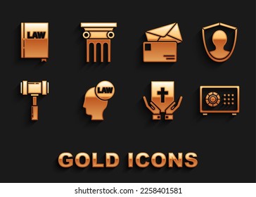 Cabeza con ley, protección del usuario, Segura, Jurar la Sagrada Biblia, Juez Gavel, Sobre, Libro de leyes e icono del pilar. Vector