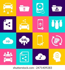 Cabezal con batería baja, dinero de reembolso, bombas de aviación, disco duro en el sentido de las agujas del reloj, coche compartido y el icono de archivo de Compartir. Vector