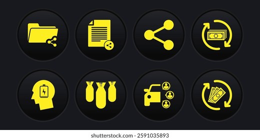 Set Head with low battery, Refund money, Aviation bombs, Car sharing, Share and file icon. Vector