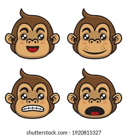 Set Of Head Monkey Cartoon Characters with facial expression like happy, smile, shocked, and angry, best for emoticons on messenger application