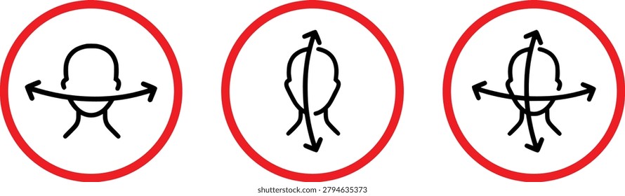 Set of head movement icons showing rotation, nodding, and combined head gestures. Simple line art symbols representing neck flexibility and physical therapy.