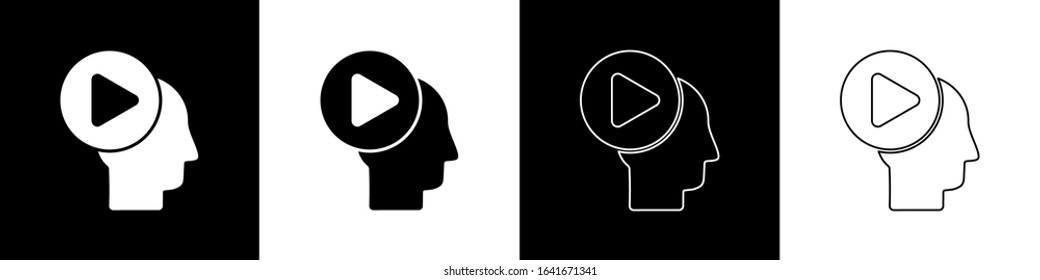 Set Head people with play button icon isolated on black and white background.  Vector Illustration