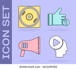 Ponga en juego a los cabezales con el botón de juego, disco de vinilo, megáfono y icono similar a la mano. Vector