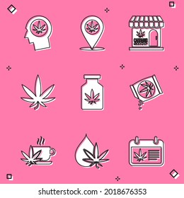 Set Head in profile with marijuana, Location and, Marijuana cannabis store, leaf, Medical bottle, seeds, Cup tea and oil icon. Vector