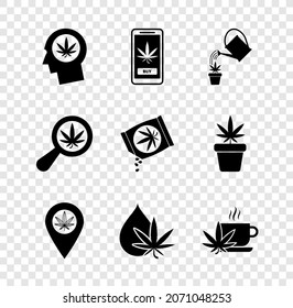 Poner en perfil con marihuana, compra en línea, lata de agua, locación y, aceite de hoja de marihuana o cannabis, té de copa, vidrio de aumento e ícono de semillas. Vector