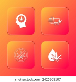 Set Head in profile with marijuana, Shopping cart, Stop and Marijuana or cannabis leaf oil icon. Vector