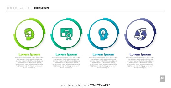 Estrategia de rompecabezas de cabezal, plantilla de certificado, humano con bombilla de lámpara y a nivel mundial. Plantilla de infografía empresarial. Vector