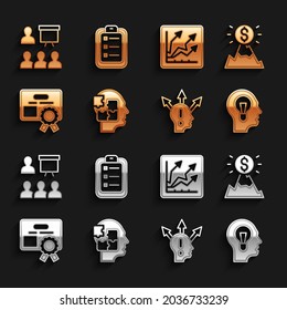 Set Head puzzles strategy, Mountains with flag, Human lamp bulb, Project team base, Certificate template, Financial growth increase, Training, presentation and To do list or planning icon. Vector
