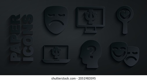 Set Head With Question Mark, Broken Heart Or Divorce, Psychologist Online, Comedy And Tragedy Masks,  And Drama Theatrical Icon. Vector