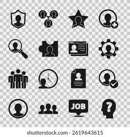 Set Head with question mark, Create account screen, Human gear, hunting, Magnifying glass for search, User protection and Resume icon. Vector