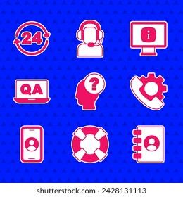 Set Head with question mark, Lifebuoy, Address book, Telephone 24 hours support, Question and Answer, Monitor information and  icon. Vector