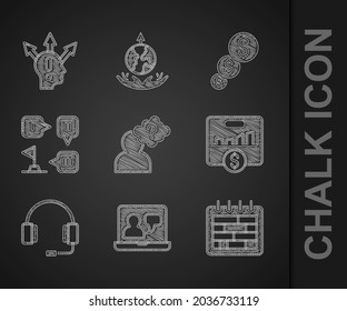 Set Head with question mark, Online education, Calendar, Key performance indicator, Headphones, Planning strategy, Financial growth and dollar and Project team base icon. Vector