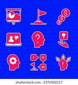 Set Head with question mark, Planning strategy, Project team base, Light bulb, Human head gear inside, Online education, Financial growth and dollar and Chalkboard chart icon. Vector