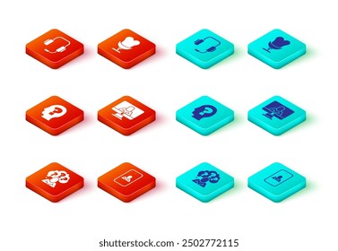 Set Cabeza con signo de interrogación, Psicólogo en línea, Sillón e icono. Vector