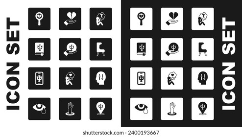 Set Head with question mark, Psychology, Psi, book,, Broken heart or divorce, Armchair, Solution to the problem and Psychologist online icon. Vector