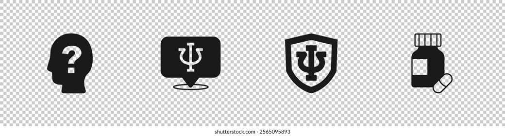 Set Head with question mark, Psychology, Psi,  and Sedative pills icon. Vector