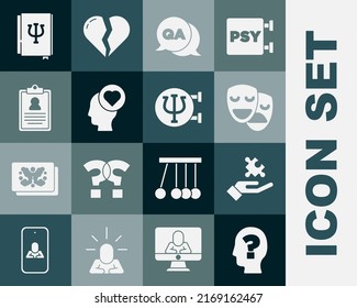 Set Head With Question Mark, Solution To The Problem, Comedy And Tragedy Masks, Question Answer, Broken Heart Or Divorce, Medical Clipboard, Psychology Book, Psi And Psychology, Icon. Vector