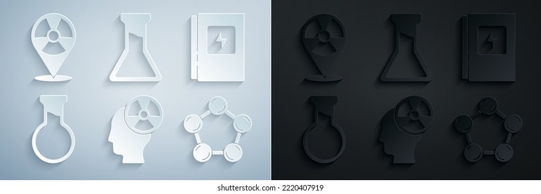 Set Head and radiation symbol, Electrical panel, Test tube flask, Molecule,  and Radioactive in location icon. Vector