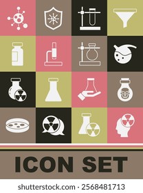 Set Head and radiation symbol, Poison in bottle, Test tube flask, stand, Microscope, Molecule and  icon. Vector