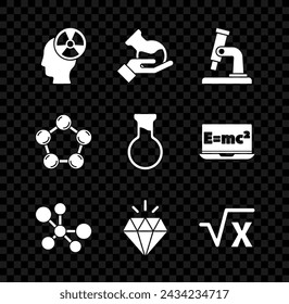 Set Head and radiation symbol, Test tube flask, Microscope, Molecule, Diamond, Square root of x glyph,  and  icon. Vector