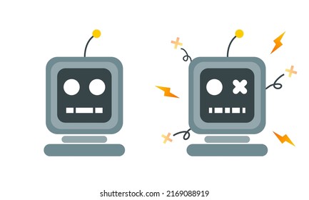 Set head robot normal and crash broken error flat vector icon design. concept page not found error 404.