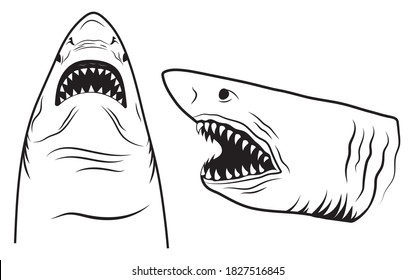 Set of head sharks with open mouth. Collection of silhouettes of predatory swimming marine fish. Fish for logotype. Vector illustration jaws of fish with sharp teeth on white background.