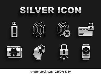 Fijar cabeza con escudo, bloqueo de tarjeta de crédito, Smartphone, ciberseguridad, ventana de incognito del navegador, huella digital cancelada, unidad flash USB e icono de huellas digitales. Vector