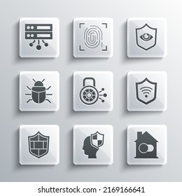 Set Head With Shield, Smart Home, Shield WiFi Wireless, Cyber Security, Brick Wall, System Bug, Server, Data, Web Hosting And And Eye Icon. Vector