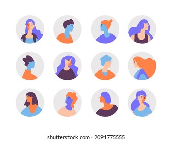 Set of head shot characters man and women trendy flat style. Portrait, user or avatar teenager, young people