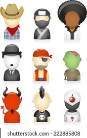 set of head and shoulders avatar, with zombie, pirate, Charles Chaplin, Afro, ninja, cowboy, devil, punk, robot, costume party, Halloween vector illustration. 