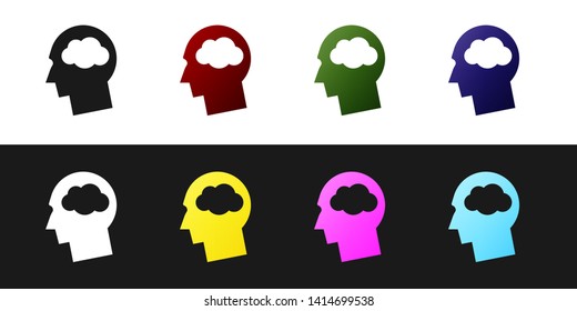 Set Head silhouette with cloud icon isolated on black and white background. Dreaming sign. Vector Illustration