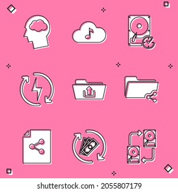 Setzen Sie Head Silhouette mit Cloud, Music Streaming Service, Festplattenlaufwerk im Uhrzeigersinn, Aufladen, Ordnerhochladen und Freigeben des Ordners Symbol. Vektorgrafik
