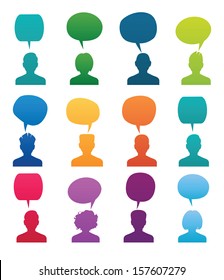 Set Head Silhouette With Speech Bubble. Colored Vector Illustration.