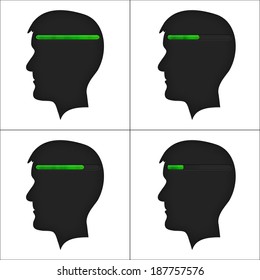Set of head silhouettes with green loading symbol on white background. Brain using.