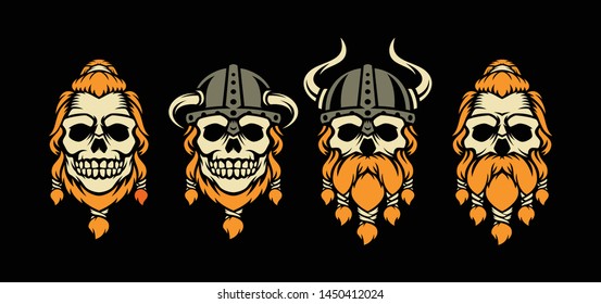 Set head skull of viking logo design. Sport team mascot logotype illustration.