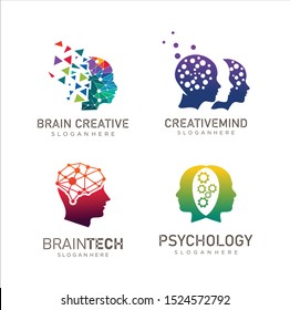 Set of Head Tech logo brain design idea. Pixel Head logo concept vector. Robotic Technology mind Logo template design illustration