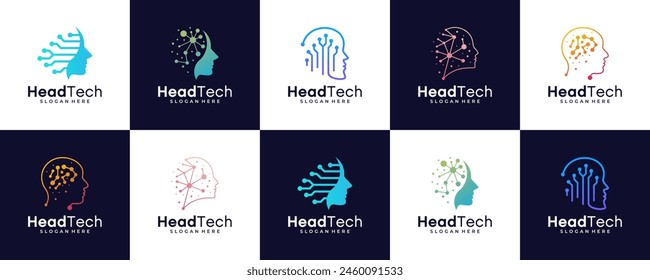 set of head tech, Pixel Head logo, brain logo, Robot Technology,Template design, vector illustration