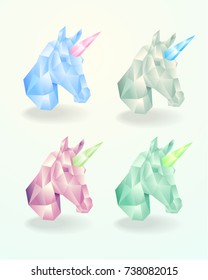 Set of the head of a unicorn. low poly vector design. Polygonal bright 3d design of a cute unicorn. Vector illustration