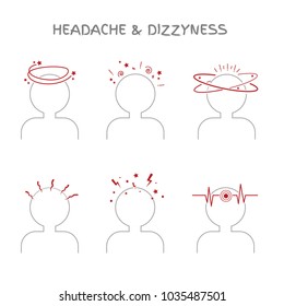 Set of headache and dizziness signs for medical and healthcare illustrations. Icons showing vertigo, vestibular problems, sickness and nausea. Vector elements, isolated on white.