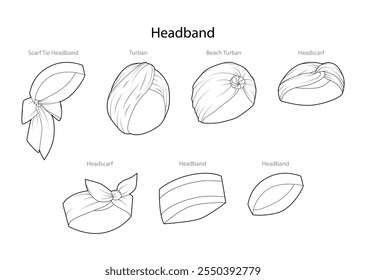 Set of Headband with names - Turban Scarf Tie Headscarf Summer Head Fashion accessory clothing technical illustration. Vector headgear for Men, women, unisex style, flat template CAD mockup sketch