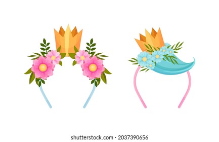 Set of headbands with golden crown with blooming flowers and strand of hair cartoon vector illustration