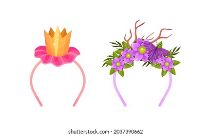 Set of headbands with golden crown, deer antlers, blooming flowers and butterfly cartoon vector illustration