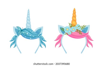 Set of headbands with unicorn horns and hair cartoon vector illustration