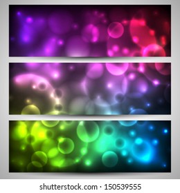 Set of header or banner with abstract bokeh on dark background with bright colorful flashes